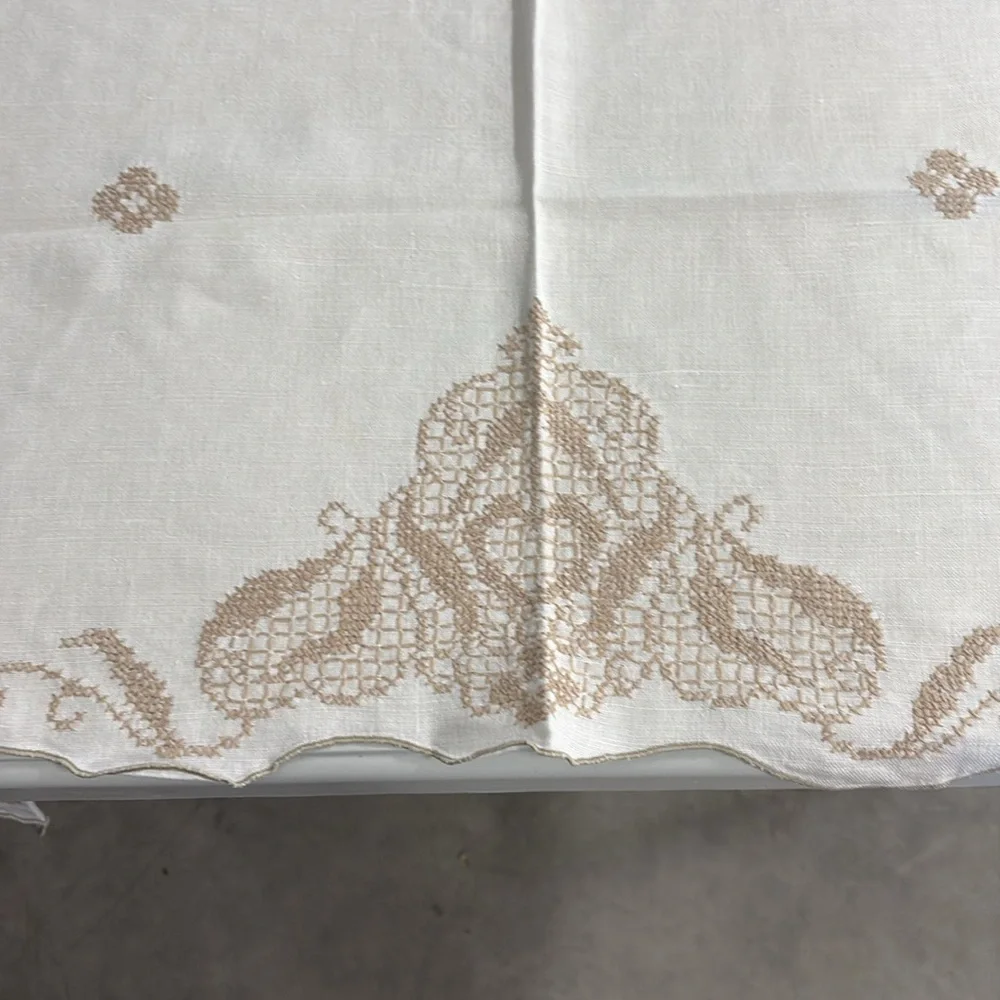 Vintage Embordered Cream and Brown Table Cloth
